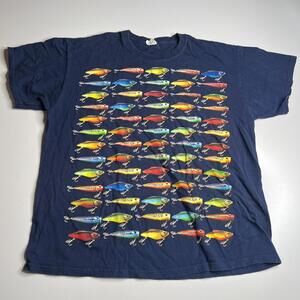 Vintage Fishing Lures Graphic‎ T-Shirt Navy Blue XL Made in Mexico 100% Cotton